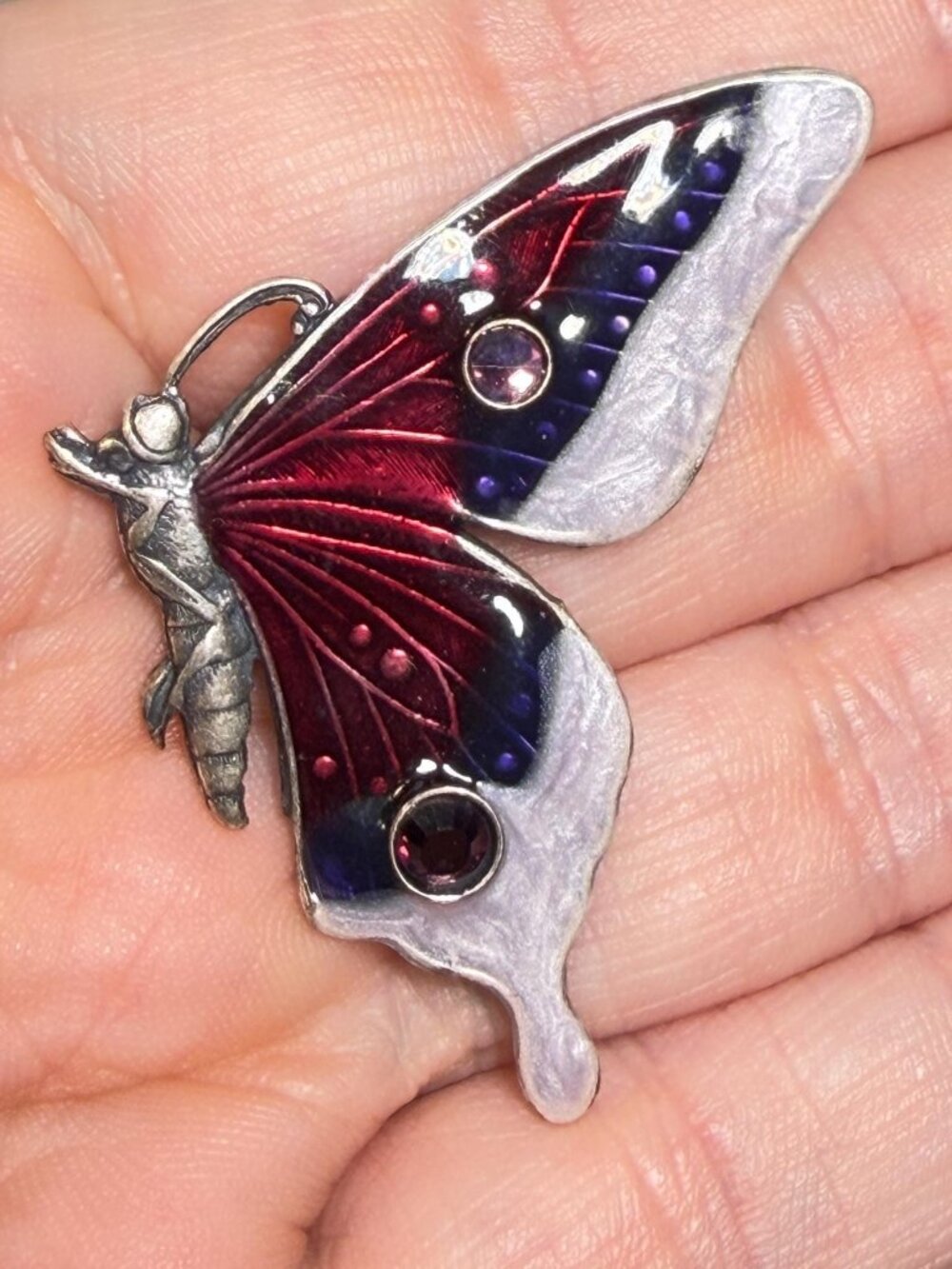 Vintage Enamel Butterfly Brooch Purple Red Silver Tone Rhinestone Pin
